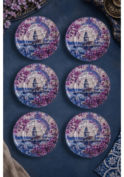 6 Lı Cam Çay Tabağı Kız Kulesi Ve Sakura Desenli 12 Cm, 6 Adet Çay Tabak Pembe