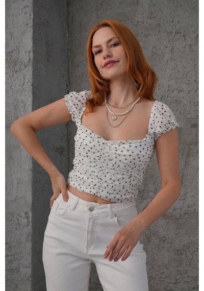 Defymoda Puantiyeli Belden Oturtmalı Tül Beyaz Bluz Beyaz