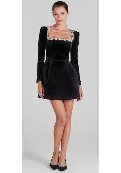 Hanife Glam Couture Hanife Glam Kare Yaka Taşlı Mini Kadife Elbise Siyah