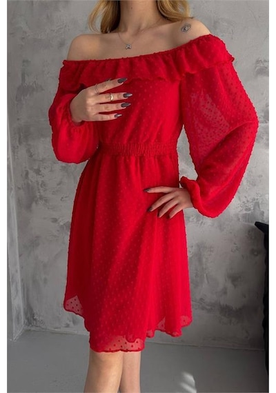 Dipmoda Kadın Kırmızı Madonna Yaka Mini Ponpon Şifon Elbise Dpk2057 Kırmızı Dipmoda Kadın Kırmızı Madonna Yaka Mini Ponpon Şifon Elbise Dpk2057 Kırmızı