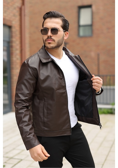 Mero Life Erkek Old Money Mevsimlik Boxy Fit Deri Ceket & Mont - Kahverengi