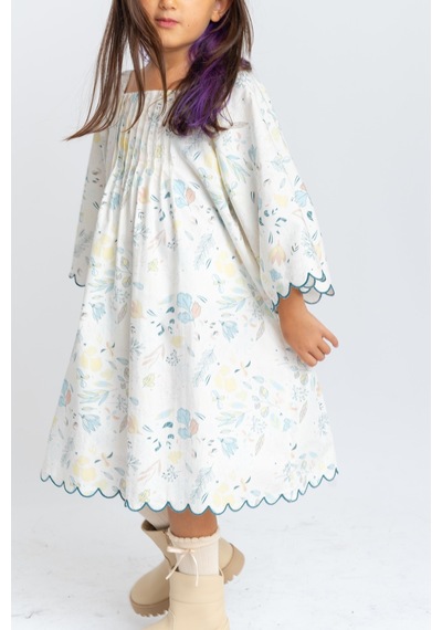 Oliventhekid Dilim Nakışlı Poplin Kız Çocuk Elbise Ekru