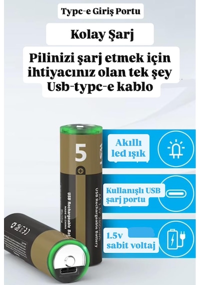 Kalın Pil Kalem Pil Usb Type-c Kablo İle Şarj Edilebilir Lityum 2'li Kalem Pil 1.5v Aa / 3200 Mwh