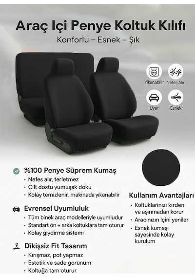 Arac İçinde Estetik Ve Rahatlik Arayanlara Universal İle Uyumlu Oto Koltuk Kılıfı Siyah