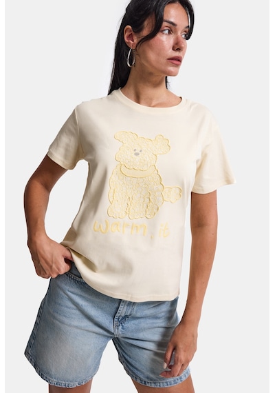 Kadın Bej Bol Kesim Köpüş Nakış Tasarım T-shirt Sarı