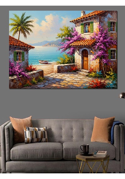 Ahşap Tablo Çiçekli Balkon Ve Deniz Manzaralı Ev