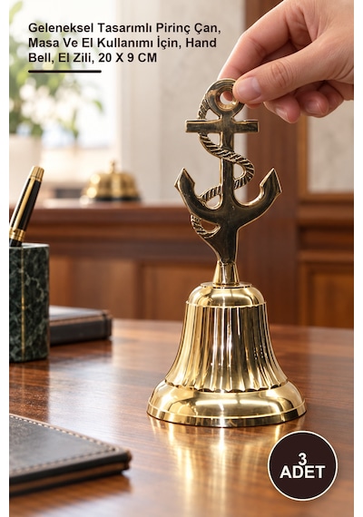 3 Adet Pirinç Çapalı El Çanı Geleneksel Tasarımlı Pirinç Çan, Masa Ve El Kullanımı İçin, Hand Bell, El Zili, 20 X 9 Cm
