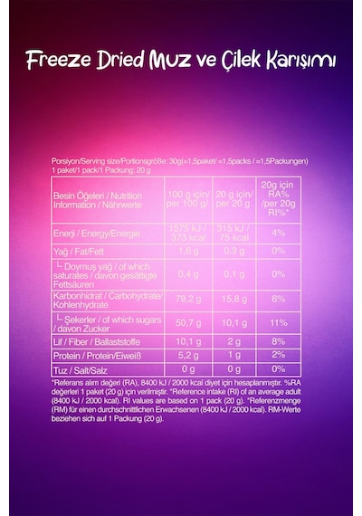 Freeze Dried Muz Ve Çilek Mix 20 G