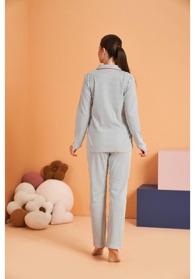 Pjs Kadın Önden Düğmeli Gömlek Yaka Çizgili Uzun Kollu Pijama Takım gri