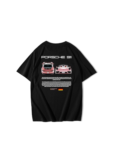 Brz Collection Unisex Oversize Porsche 911 T-shirt Siyah Siyah