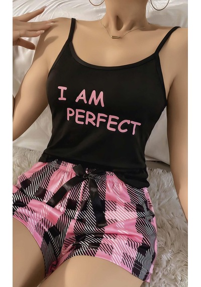 Kadın Siyah Kare Desenli Askılı Şortlu Pijama Takım 5012 Siyah