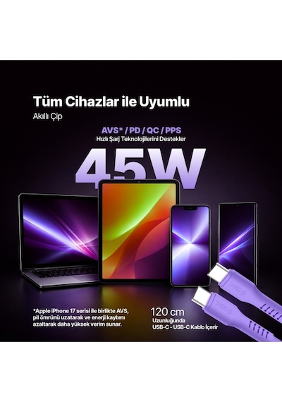 Ttec Smartcharger Gan 45W Avs PD Seyahat Hızlı Şarj Aleti + USB-C - USB-C 3A 120 CM Kablo Neon Mor