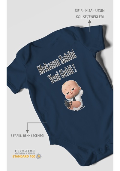 Mekanın Sahibi Yeni Geldi Baskılı Bebek Zıbını Çıtçıtlı Body 8 Renk %100 Pamuk Kısa Kol Lacivert