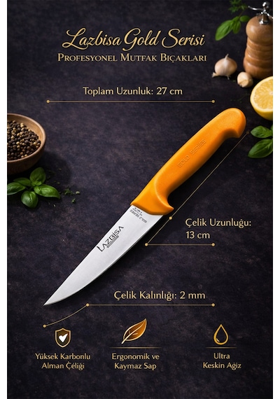 Lazbisa Mft-020 Gold Serisi Mutfak Fileto Bıçağı Steak Bıçak Et Balık Tavuk Kesme Fileto Bıçağı 2 Li Set