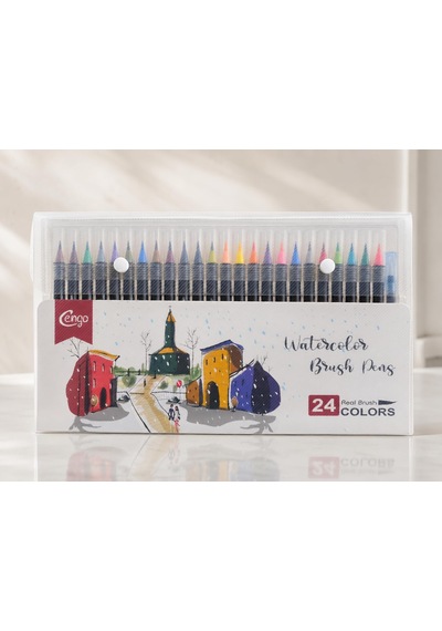 24 Renk Sulu Boya Fırça Kalemi Seti Watercolor Brush Pens, Su Hazneli Fırça Kalemli
