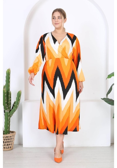 Mooi Xxl Kadın Turuncu Zigzag Desen Kruvaze Yaka Balon Kol Maxi Boy Bürümcük Elbise Turuncu Mooi Xxl Kadın Turuncu Zigzag Desen Kruvaze Yaka Balon Kol Maxi Boy Bürümcük Elbise Turuncu