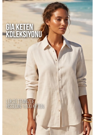 Goffra Kadın Gia %100 Doğal Keten Gömlek - Klasik Yaka Basic Minimalist Tasarım- Ekru W207-k0401-01