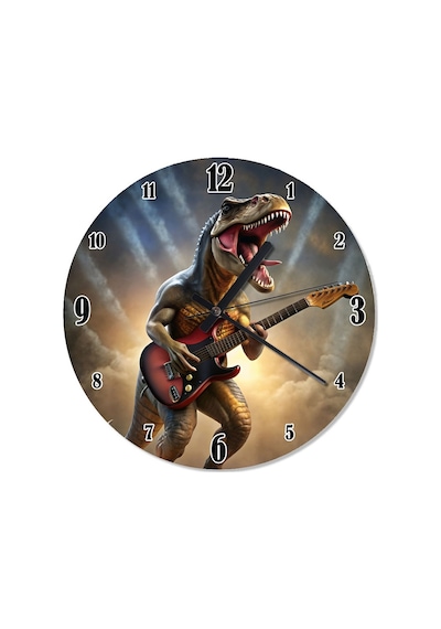 Gitar Çalan Dinazor Desenli Duvar Saati Çok Renkli