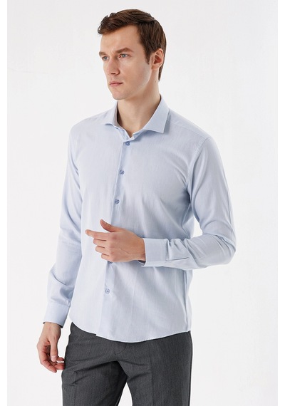 MORVEN  Erkek Mavi Coton Mini Oxford Slim Gömlek Mavi