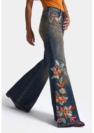 Kadın Kot Rengi 2w6-8 Flare Fit Nakış Detaylı Komfort Kumaş Özel Tasarım Denim Jean Mavi