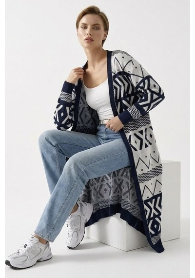 Neden Tekstil Kadın Oversize Triko Uzun Hırka Geometrik Desen - Beyaz-laci