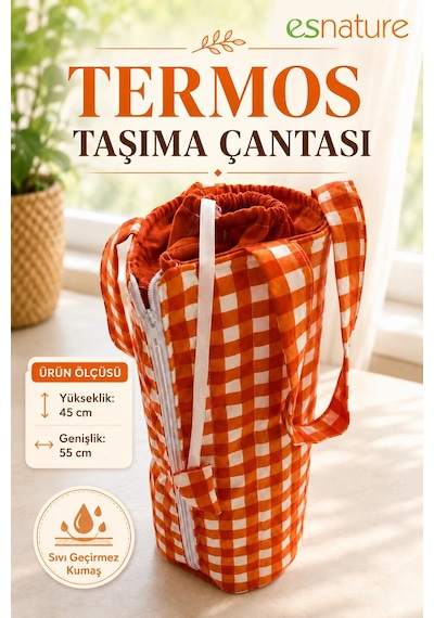 Esnature Sıvı Geçirmez Duck Kumaş Termos Taşıma Çantası 45x55 Cm Omuz Askılı Piknik Ve Seyahat Çan Turuncu
