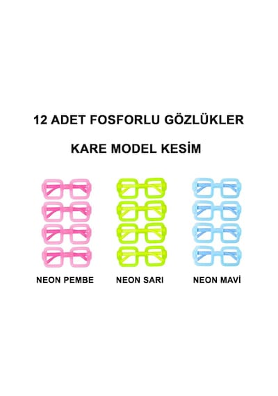Fosforlu Kare Model Glow Parti Gözlüğü Karanlıkta Yanan Gözlükler 12 Adet Diğer