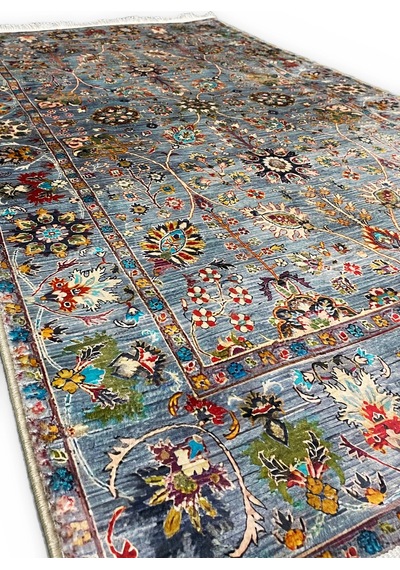 Gri Vintage Halı Etnik Desen Saçaklı Bambu Kumaş, Yıkanabilir