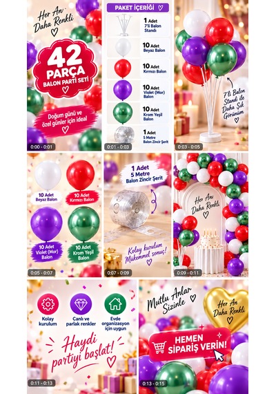 42 Parça Balon Parti Seti Kutlamalarınız İçin Komple Dekorasyon Çok Renkli