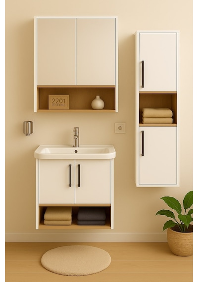 Dmz Home Concept Legna 80 Cm Beyaz-ahşap Renkli, Seramik Lavabolu, Alt - Üst Ve Boy Dolaplı Mdf Banyo Dolabı Seti