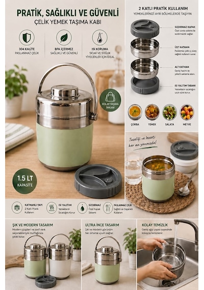 1.5 Lt 2'li Paslanmaz Çelik Sızdırmaz Termos Yemek Taşıma Kabı / Sefer Tası Beslenme Kutusu Çelik Rengi