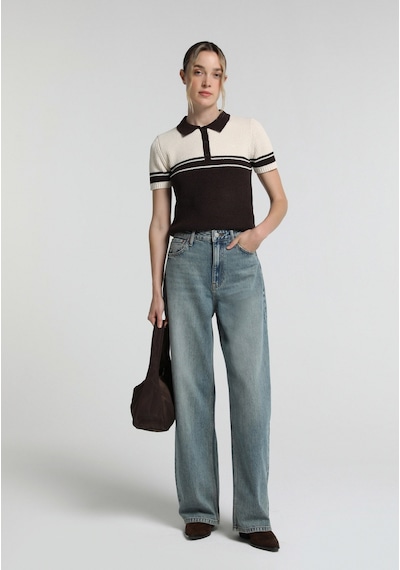 Colin's Colins Slim Fit Polo Yaka Çizgili Kadın Kahverengi Kısa Kol Kazak Cl1081963 Q1.v1 Brw