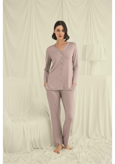 İkikareshop Uzun Kollu Düğmeli V Yaka Pijama Takımı Çok Renkli