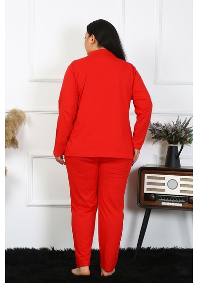 Akbeniz Kadın Büyük Beden Pamuklu Cepli Düğmeli Kırmızı Pijama Takım 202401-kırmızı Kırmızı