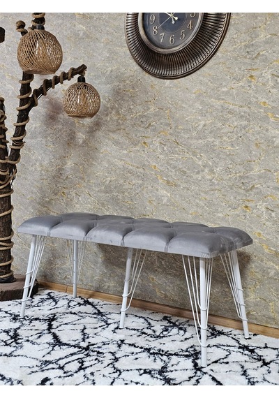 Zafir Metal Beyaz Tel Ayaklı 100 Cm Puf Bench - Puf - Bench - Oturak - Mutfak Oturağı - Antre Oturağı Gri