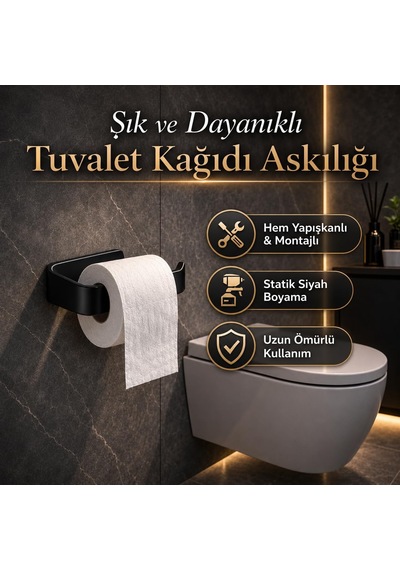 Lexroo Siyah Lamalı Tuvalet Kağıtlığı, Hem Yapışkanlı Hem Vidalı Montajlı Wc Kağıt Askılığı