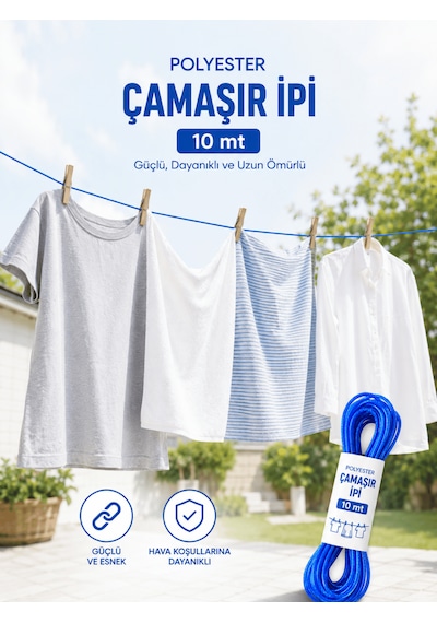 Beylini 2 Adet 10 Mt Polyester Çamaşır İpi Pvc Kaplama Sarkma Yapmaz Balkon Çamaşır Askılığı Çok Amaçlı Kurutma Mavi