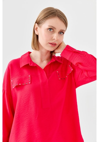 Desen Triko Kadın Polo Yaka Cepli Bluz 23485 Fuşya Desen Triko Kadın Polo Yaka Cepli Bluz 23485 Fuşya