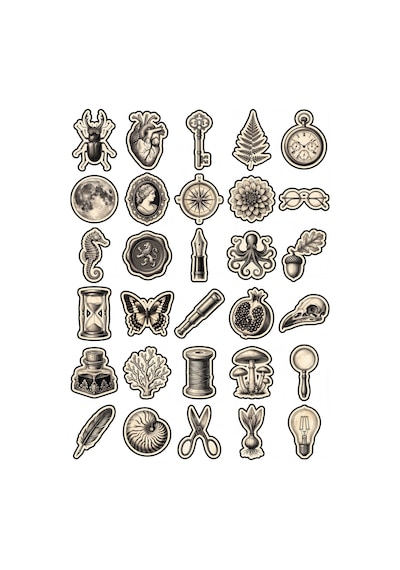 30 Adet Vintage Antika Koleksiyon Sticker Seti - Laptop Ajanda Scrapbook İçin Estetik Paket Çok Renkli