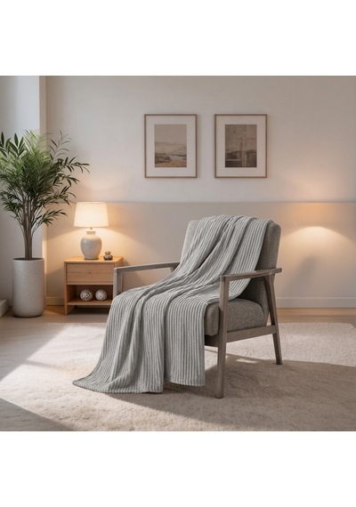 Maxstyle Çizgili Vizon Tek Kişilik Polar Battaniye Gri 150x220 Cm Renkli