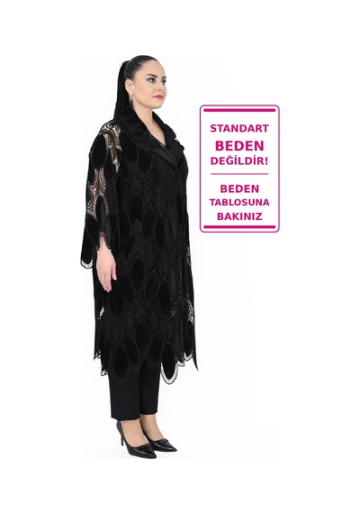 Darkwin Büyük Beden Kadın Siyah 52-54 Beden Kadife Detaylı Dantel İşlemeli Viskon Uzun Özel Gün Ceketi