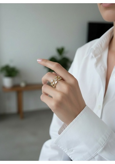 Valmont Accessories Kadın Gold Renk Beyaz Damla Taşlı Çok Sıralı Yüzük