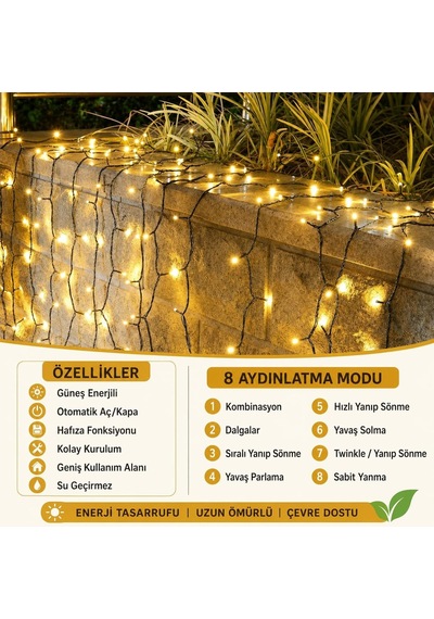 Güneş Enerjili Led Bahçe Işığı 12 Metre 100 Led Solar Işık Zinciri, Ip65 Su Geçirmez, 8 Aydınlatma Modu, Dış Mekan, Balkon, Teras, Çit Ve Ağaç Dekoru Diğer