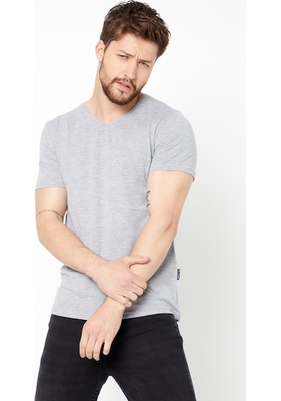 Erkek Indigo %100 Pamuk Basıc Regular Fit Pamuklu Kısa Kollu V Yaka T-shirt Gri