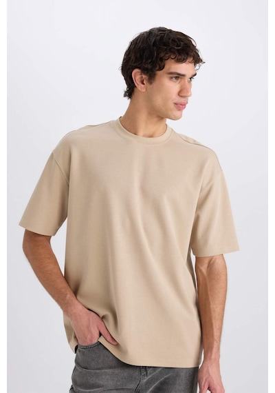 DeFacto Oversize Geniş Kalıp Ütü Gerektirmeyen Bisiklet Yaka Kısa Kollu Basic Düz Ağır Kumaş Tişört X3926AZ25SPBG732