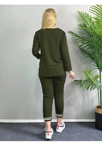 Defymoda Kadın Uzun Kollu Ribana Detay Viskon Iki Iplik Ikili Takım Haki
