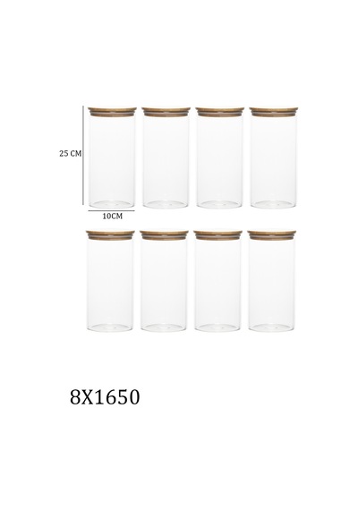 Porsima 3-4 Bambu Borosilikat Vakumlu Kapaklı Yuvarlak Cam 8li Kavanoz Seti Saklama Kabı 1650ml 10x25cm