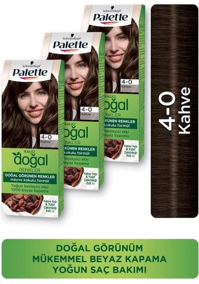 Palette Kalıcı Doğal Renkler Saç Boyası 4 - 0 Kahve X 3 Adet