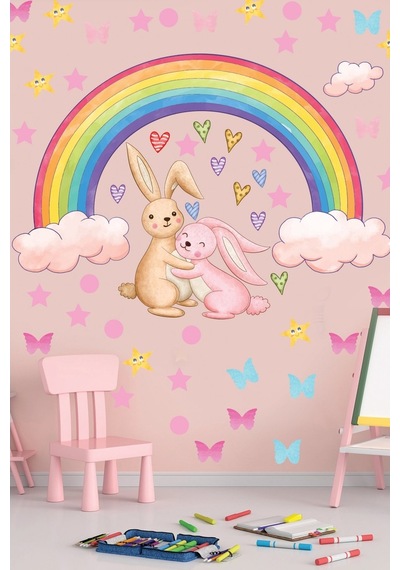 Gökkuşağı Sevimli Tavşanlar Yıldızlar Ve Kalpler Sticker