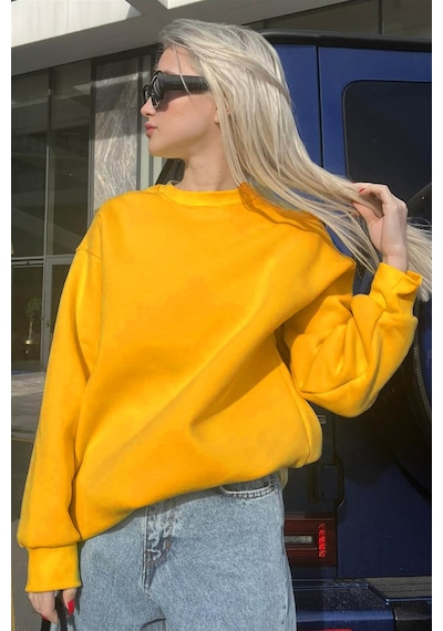 Madmext Madmext MG1559 Bisiklet Yaka Basic Kadın Sweatshirt - Sarı